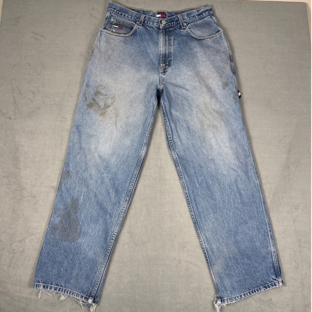 90s Tommy Hilfiger Carpenter Jeans Mens 33x32 Light Distressed 90s Baggy Skater - Picture 1 of 14